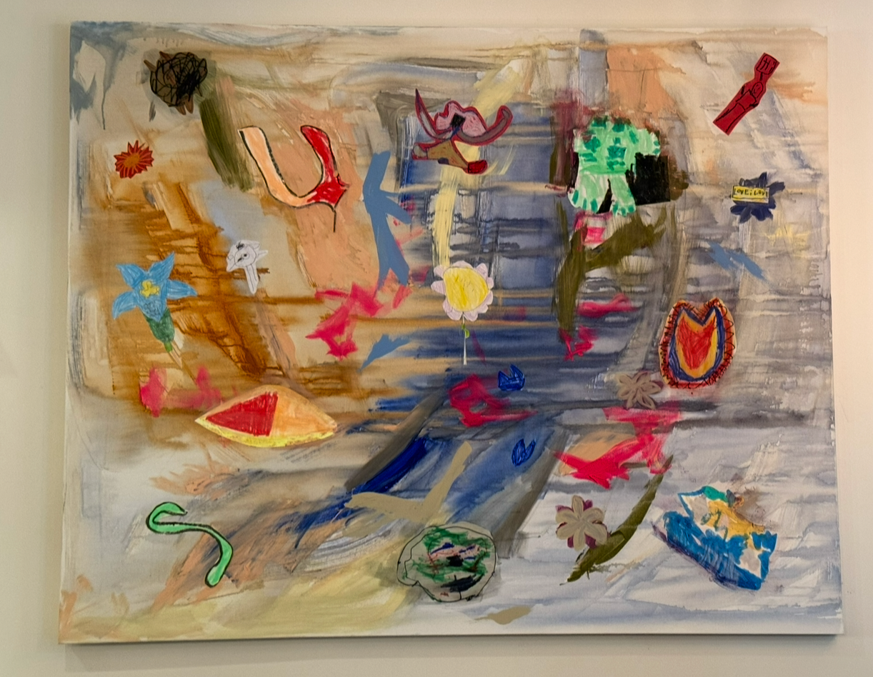 A colorful abstract painting featuring various shapes, flowers, and doodles on a textured background with shades of beige, brown, blue, and green.