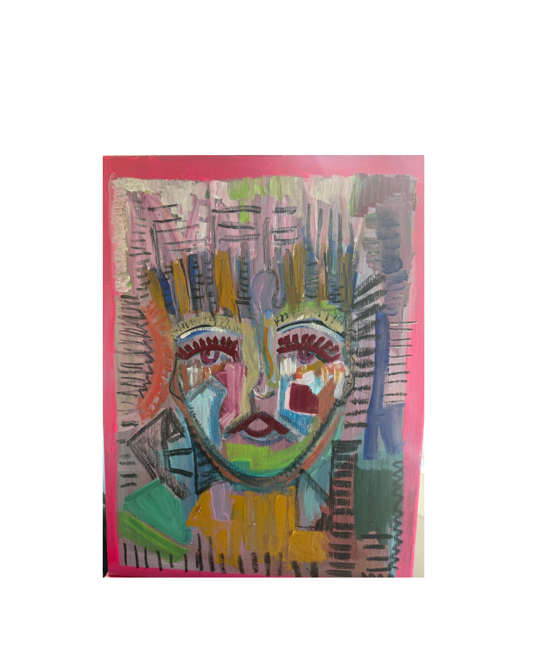 Colorful abstract portrait of a person's face with exaggerated features, bold brushstrokes, and vibrant colors on a pink background.
