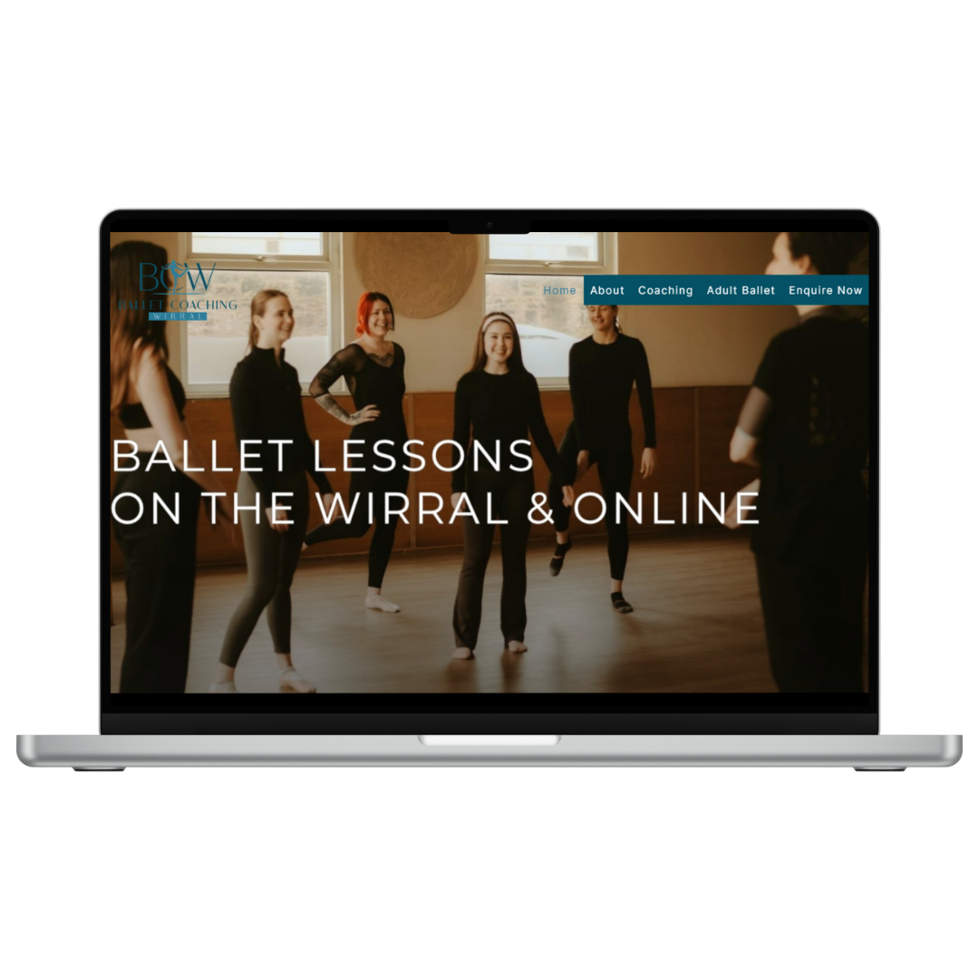 Screenshot of a ballet studio website showcasing ballet lessons available on the Wirral and online, with a group of dancers in a studio.