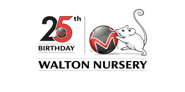 Logo celebrating Walton Nursery's 25th birthday with a red and black number 25, a smiling white hamster, and a black and red ball.