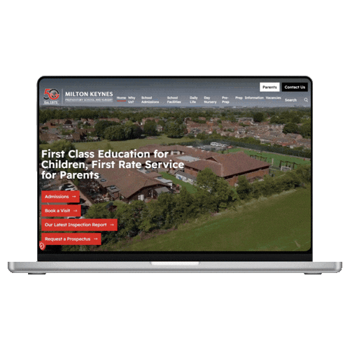 Laptop displaying the homepage of Milton Keynes school website with options for admissions, booking visits, inspection reports, and requesting prospects, over a background of school buildings and greenery.