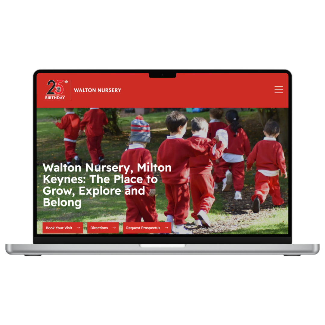 Website homepage for Walton Nursery showing children in red uniforms walking outdoors in a park-like setting.