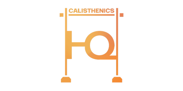 A close-up of an eye-catching gold-colored safety sign with the text 'CALISTHENICS' at the top, featuring a large gymnastic ring illustration, situated on a stand against a red background.