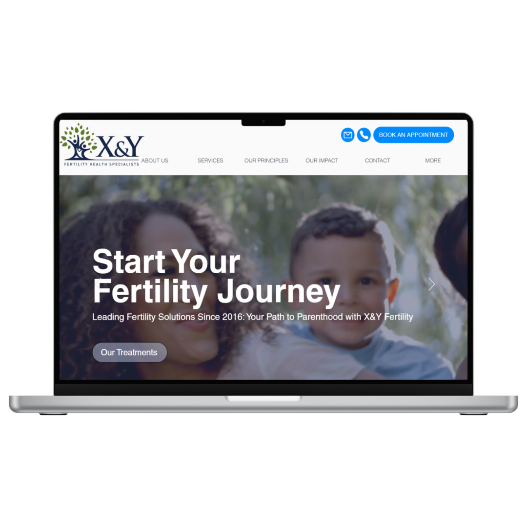 Laptop screen displaying a fertility health clinic website with a background photo of a woman and two children, and text saying "Start Your Fertility Journey"
