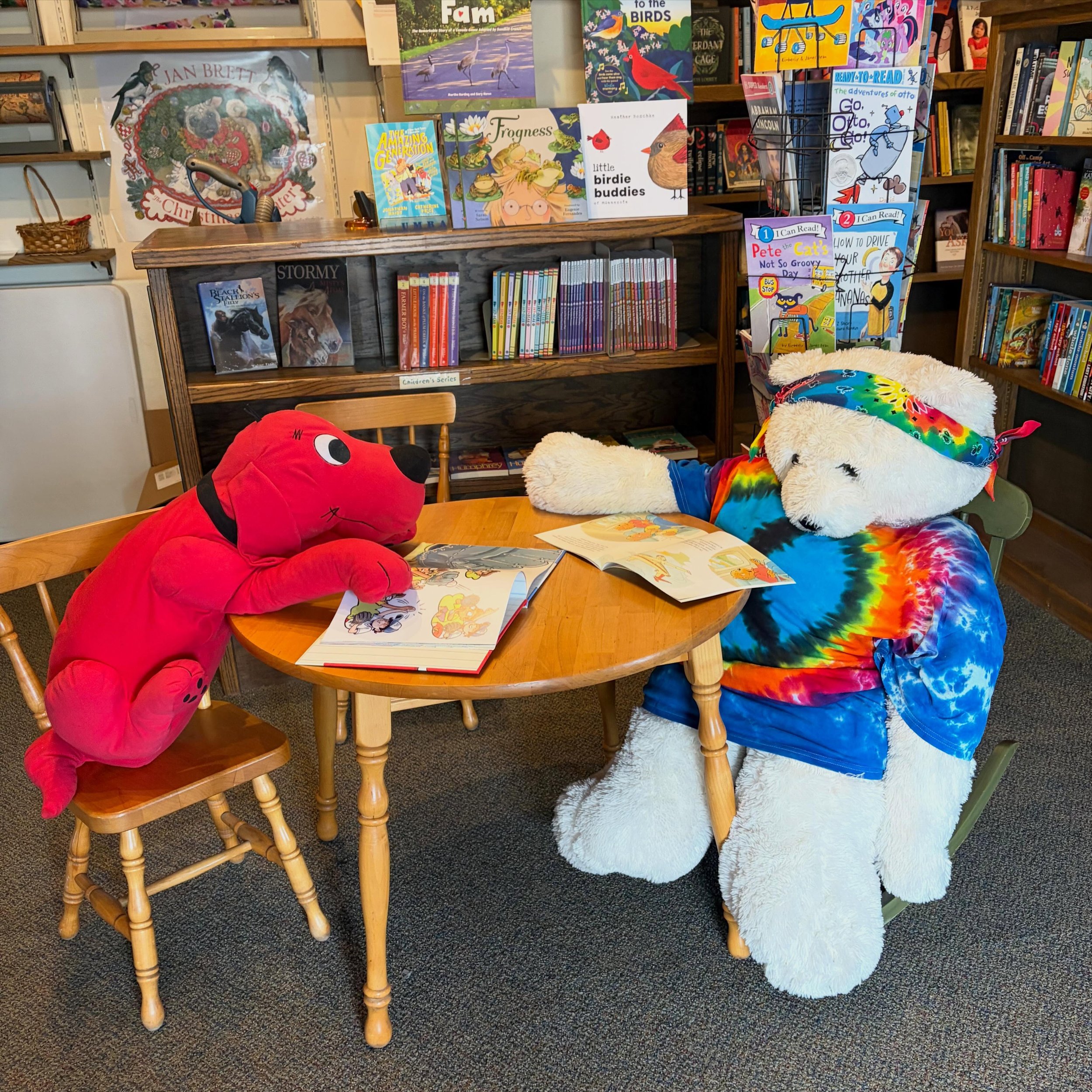 Clifford, Bear (we need a good name for him - suggestions welcomed!) and I welcomed about 50 kindergarteners to the store this afternoon. They were taking a tour of downtown White Bear Lake and wanted to see the bookstore - it was a fun burst of ener