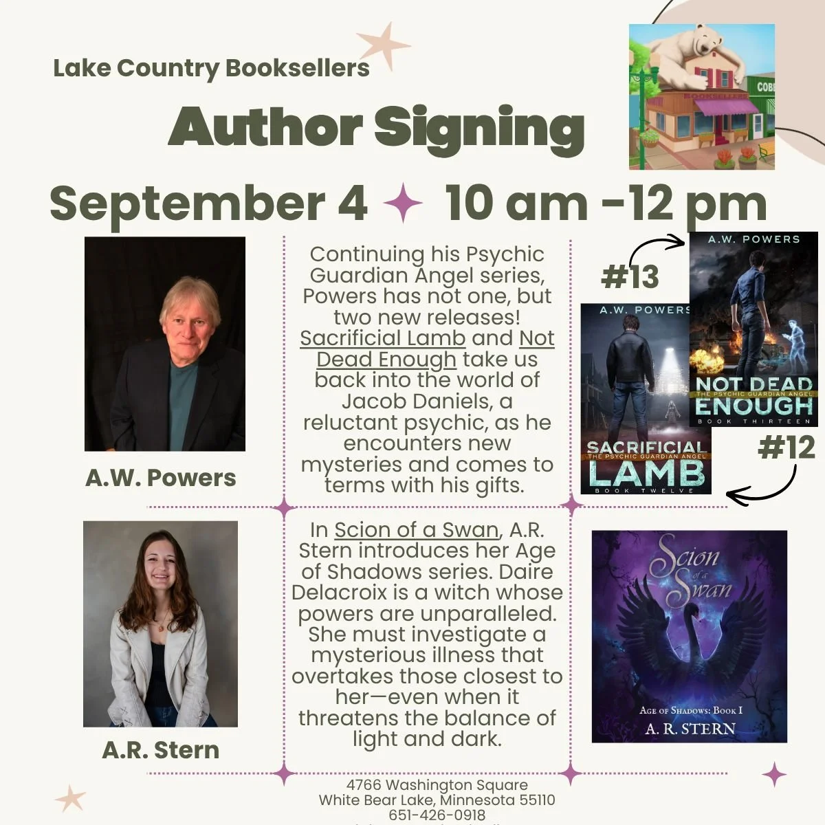 This week we have "A" great duo signing during our Friday morning author meet-and-greet! (See what I did there...? 😅😉)

A.W. Powers, longtime friend of the store, will be here with his two latest books in the Psychic Guardian Angel series