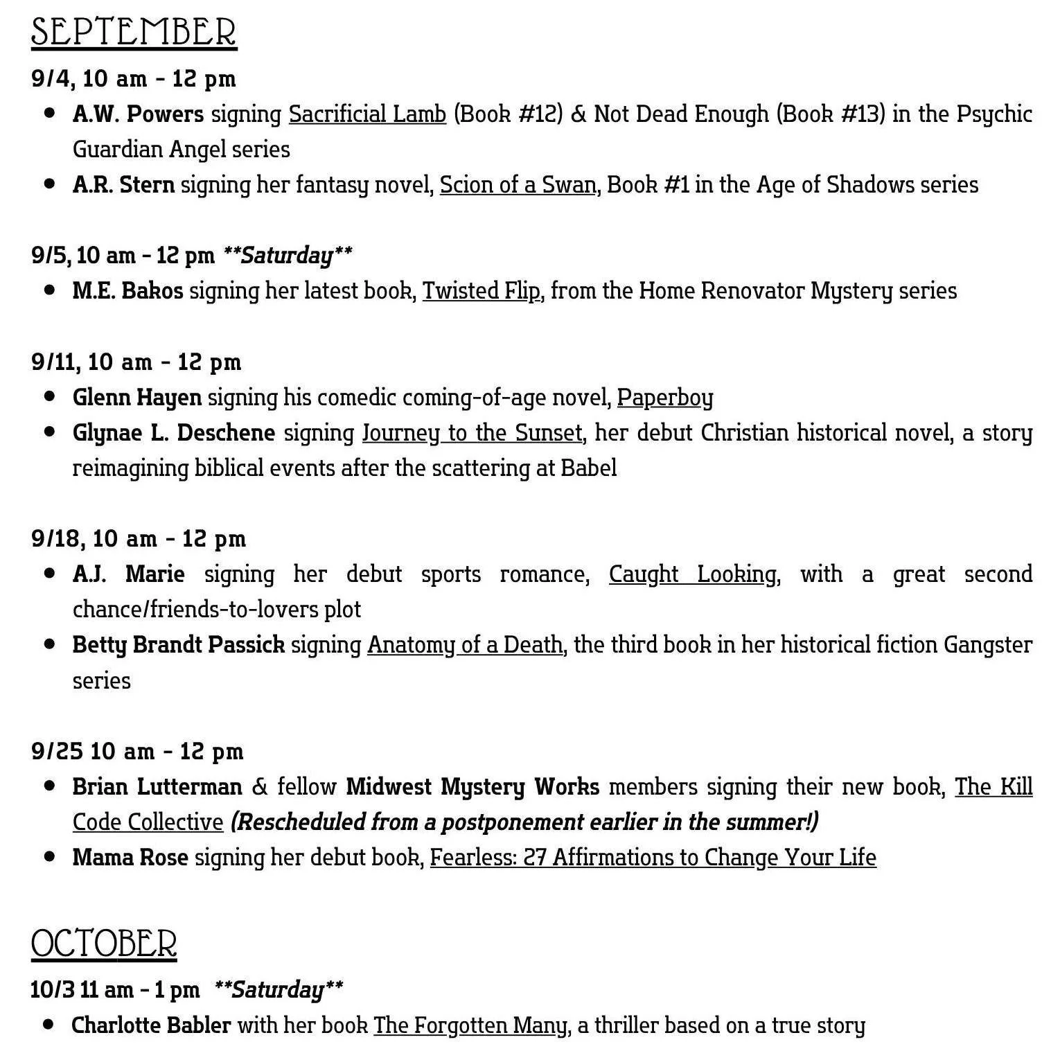 Updated Author Signing Schedule - we've had some additions and rescheduled events, so wanted to make sure you all are up on the latest goings on here at the store. ☺️

This info is also on our website and we'll remind you each week who is on the sche