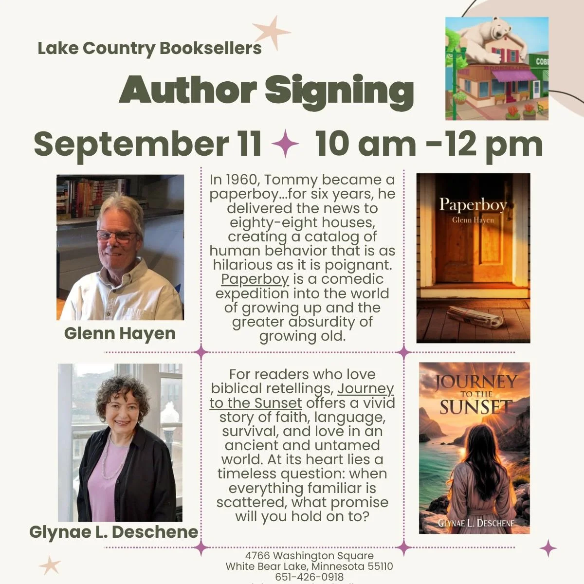 The great local authors just keep on showing up this summer! This coming Friday we have Glenn Hayen, with his irreverent coming of age story, and Glynae L. Deschene, with a novel that reimagines biblical events! Come on by to meet these two and find 