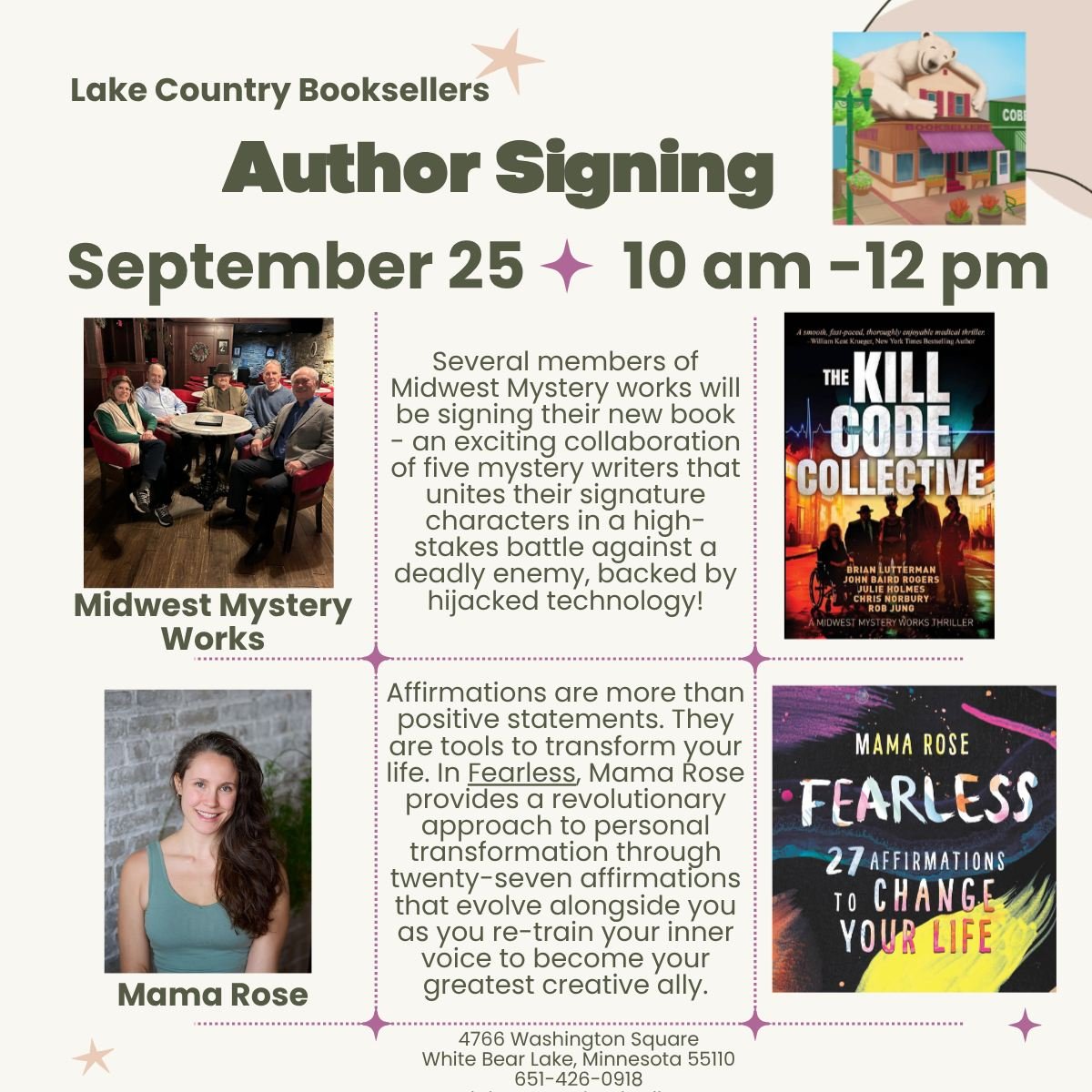 For one of our last author events of the summer, we were lucky to be able to reschedule Brian Lutterman, Rob Jung &amp; Chris Norbury of Midwest Mystery Works AND Mama Rose. So glad we still get to have these wonderful authors at the store before we 