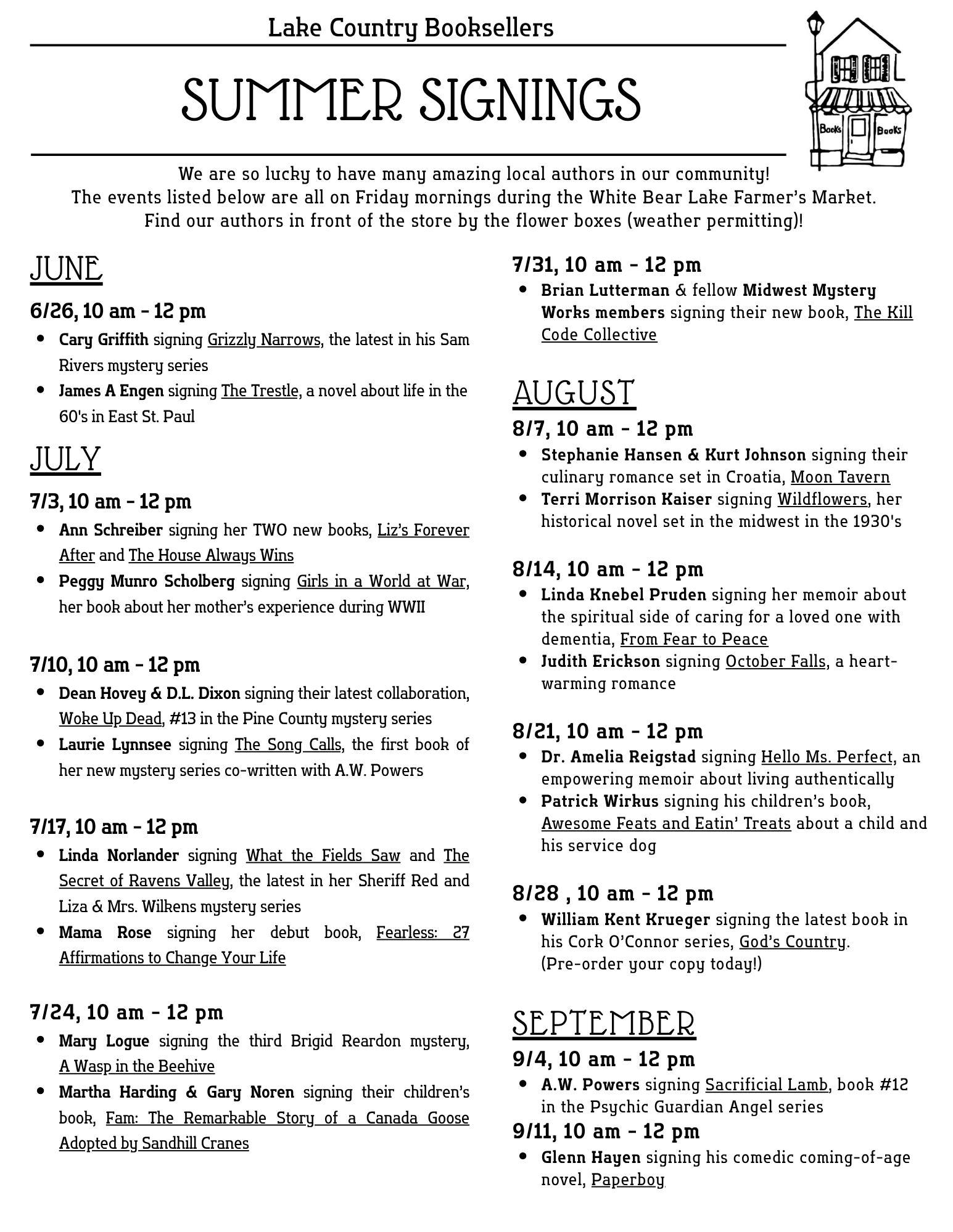 Flyer for Lake Country Booksellers Summer Signings event with dates from June to September, listing authors and their signing schedules, and a small illustration of a bookstore in the top right corner.