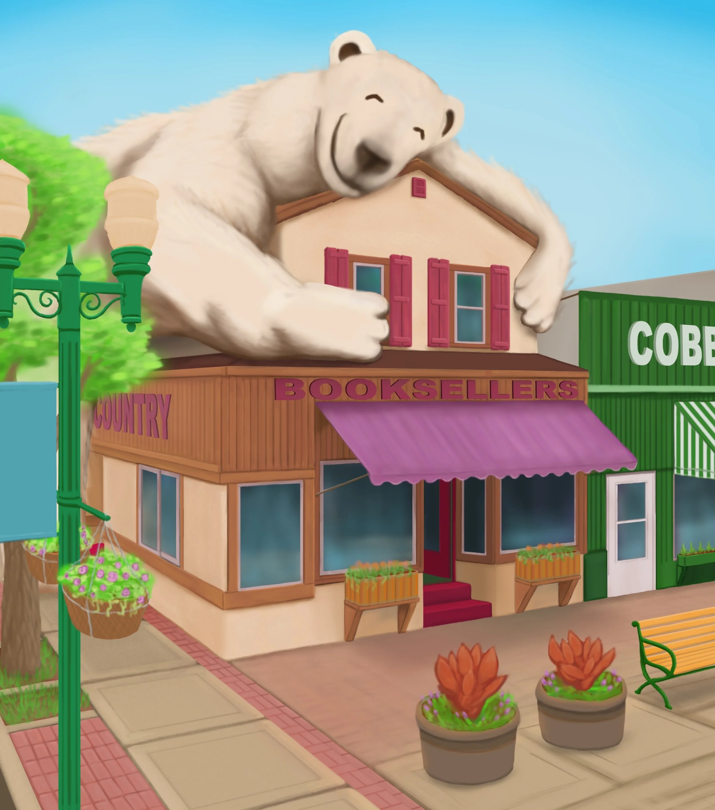 Colorful bookstore storefront with a smiling bear character peeking over the roof, pink shutters on the windows, and plants in pots on the sidewalk, with a green fence and trees in the background.