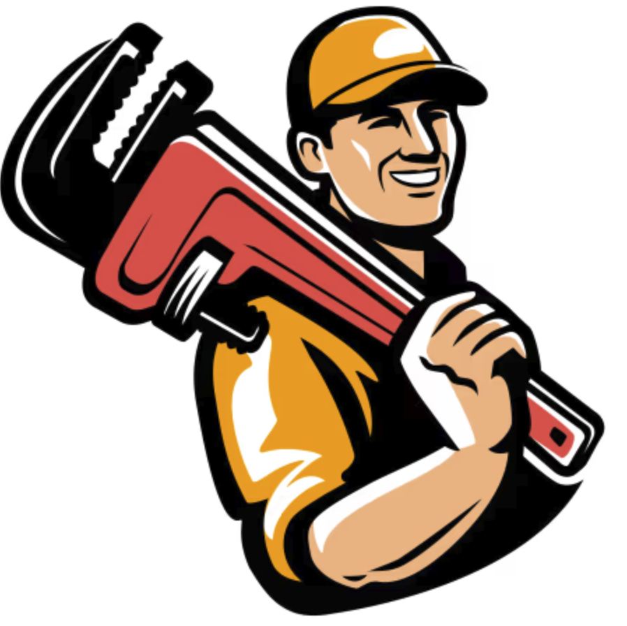 Cartoon illustration of a smiling construction worker wearing a yellow cap, holding a large red pipe wrench over his shoulder.
