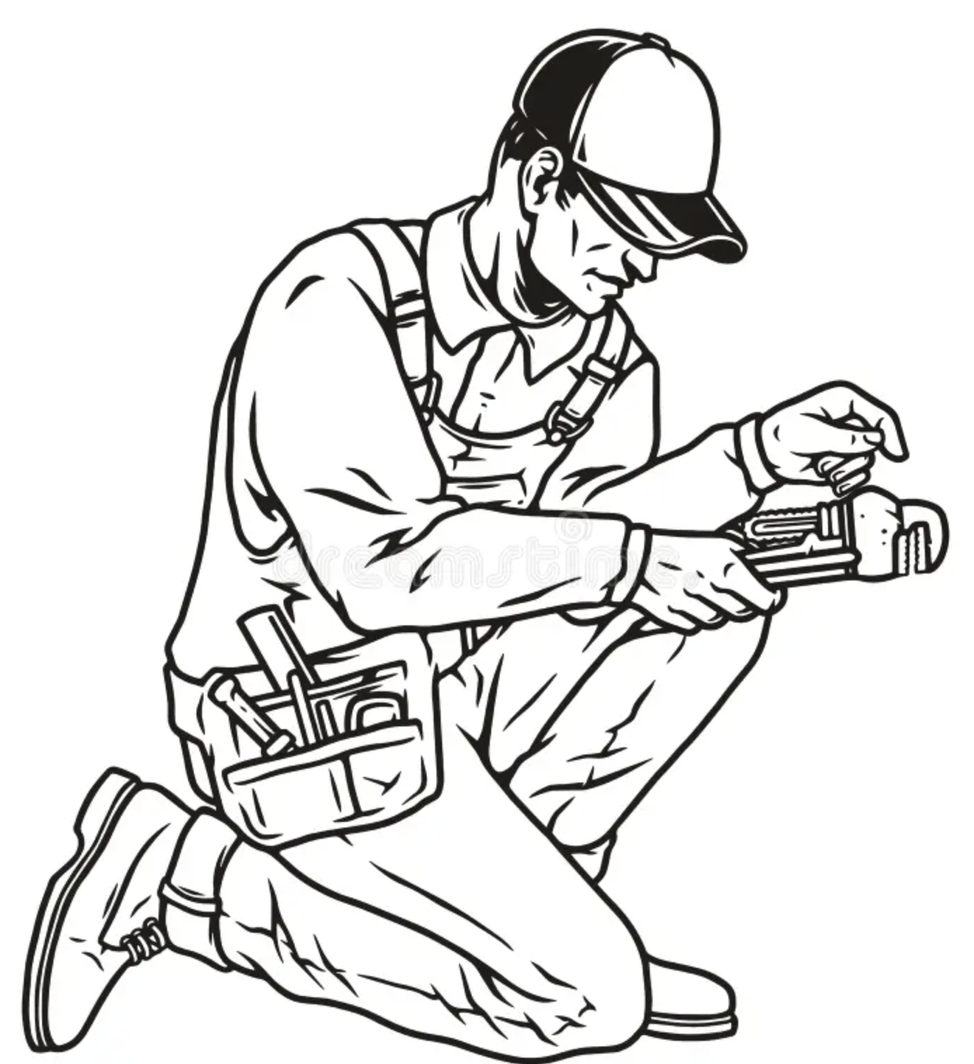 Line art of a man in work clothes kneeling and working with a power tool.
