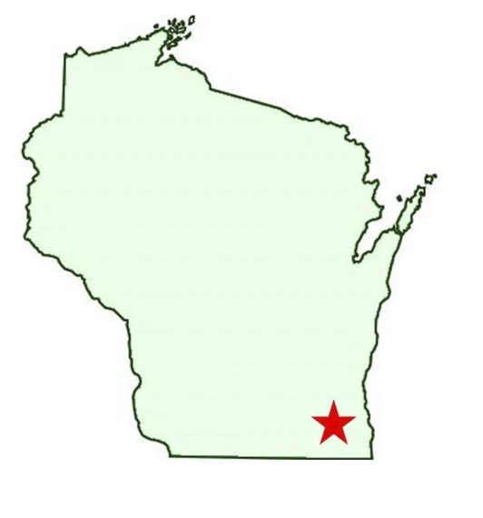 Outline map of the state of Wisconsin with a red star in the southeastern part.