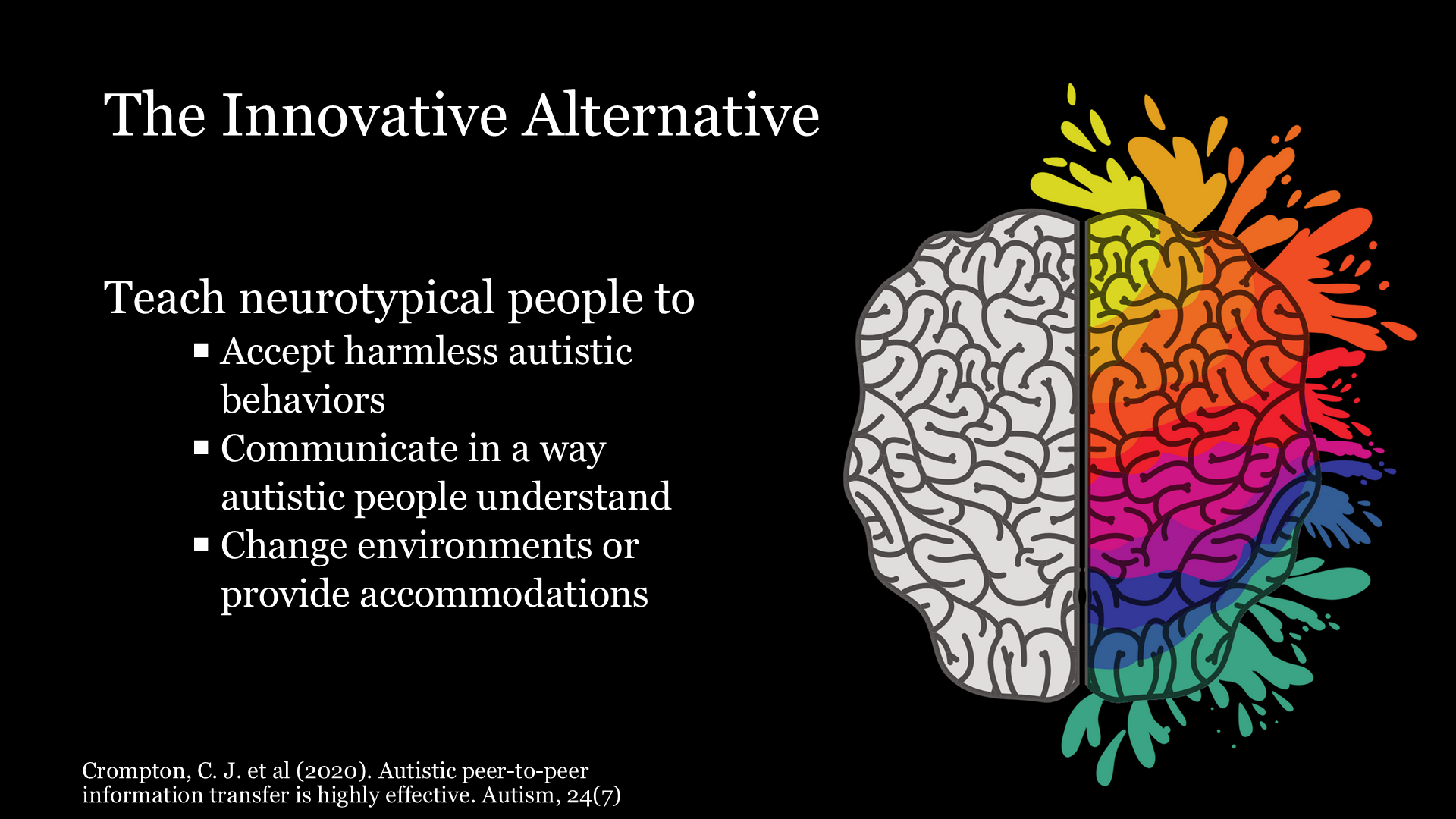 Infographic titled 'The Innovative Alternative' with a stylized brain divided into gray and colorful sections, highlighting neurodiversity in autism awareness, including points on acceptance, communication, environment, and accommodations.