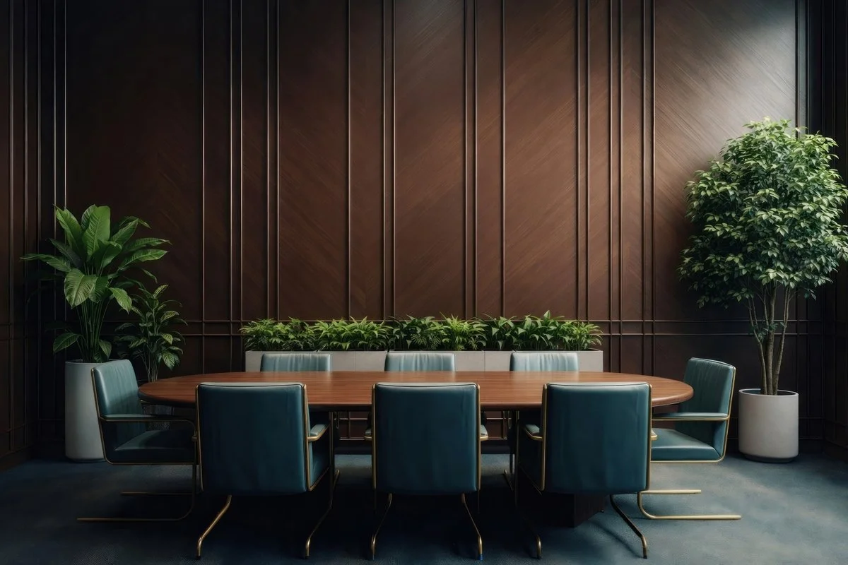 An elegant conference room with a large oval wooden table, surrounded by blue chairs with metal legs, and decorated with green potted plants, against a dark wood-paneled wall. Addison Leadership Advisory, Dr. Asha Gipson