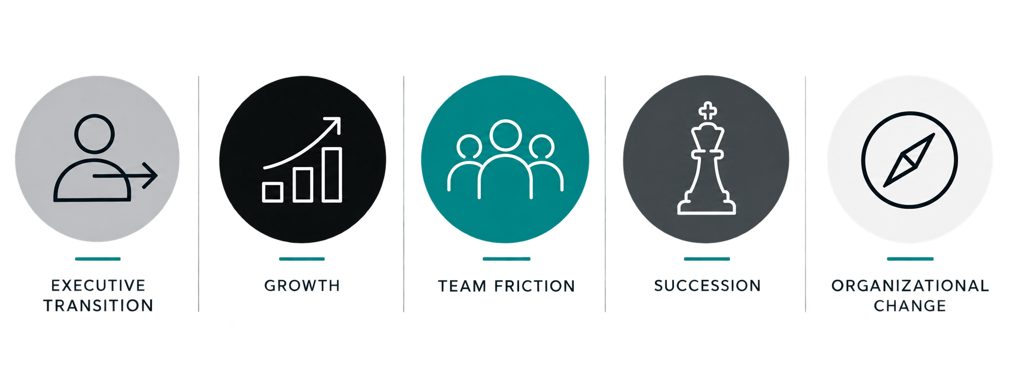 Infographic with five icons: 'Executive Transition,' 'Growth,' 'Team Friction,' 'Succession,' 'Organizational Change.'  Addison Leadership Advisory