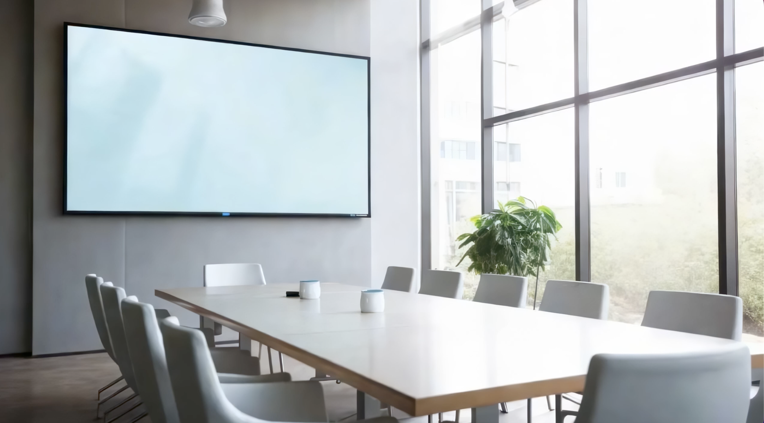 Conference room with a large screen, white table, white chairs, and a plant by windows. Addison Leadership Advisory, Dr. Asha Gipson
