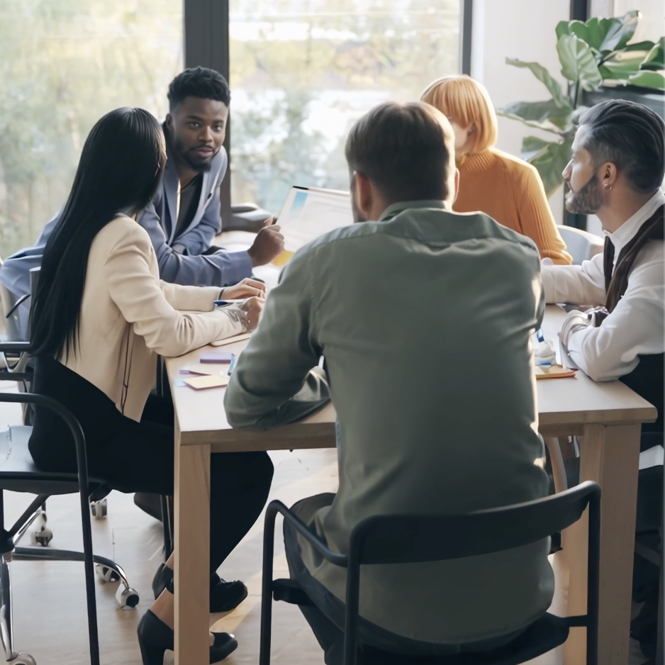 Group of five professionals in a meeting room, sitting around a table, engaged in discussion, with large windows and a green plant in the background. Addison Leadership Advisory, Dr. Asha Gipson