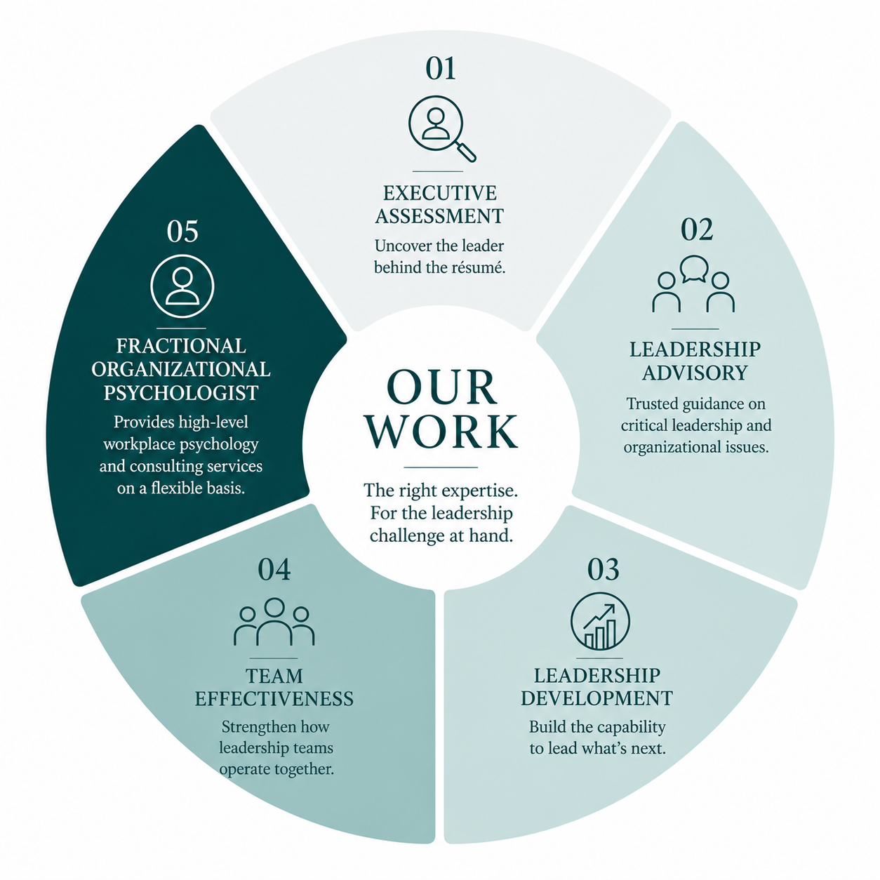 . Executive Assessment, 2. Leadership Advisory, 3. Leadership Development, 4. Team Effectiveness, 5. Fractional Organizational Psychologist, with brief descriptions for each.  Addison Leadership Advisory