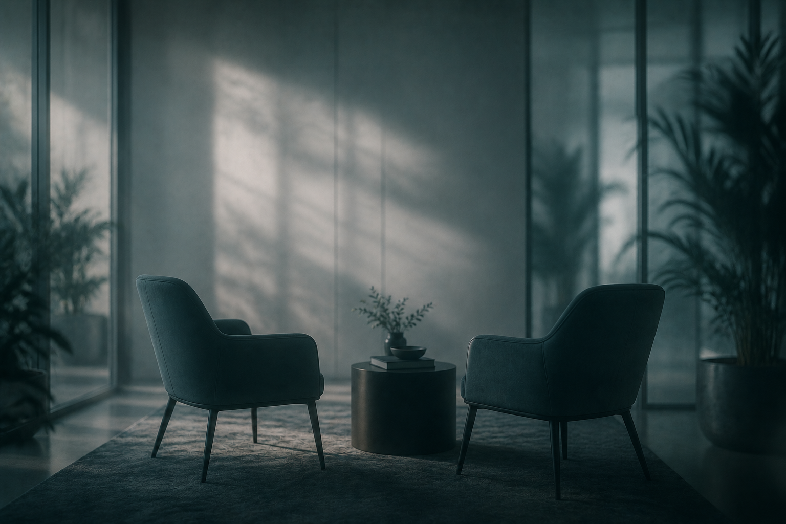 Two dark-colored armchairs with a small round table and a potted plant in a modern, minimalist room with glass walls and plants.  Addison Leadership Advisory