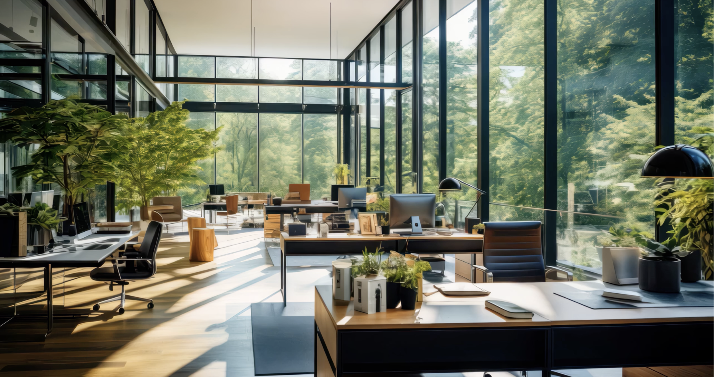 Modern office with large glass windows, sunlight casting shadows, desks with computers, and lush green plants. Addison Leadership Advisory, Dr. Asha Gipson