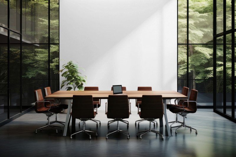 Modern conference room with a long wooden table, ten brown chairs, a laptop, and large windows showing greenery outside. Addison Leadership Advisory, Dr. Asha Gipson