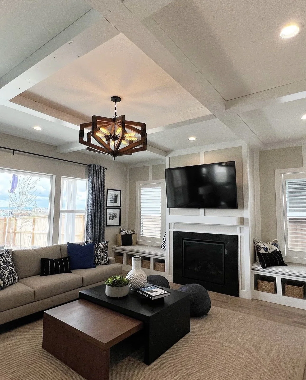Box beams, board and batten, jamb and case windows, mantel and fireplace trim
