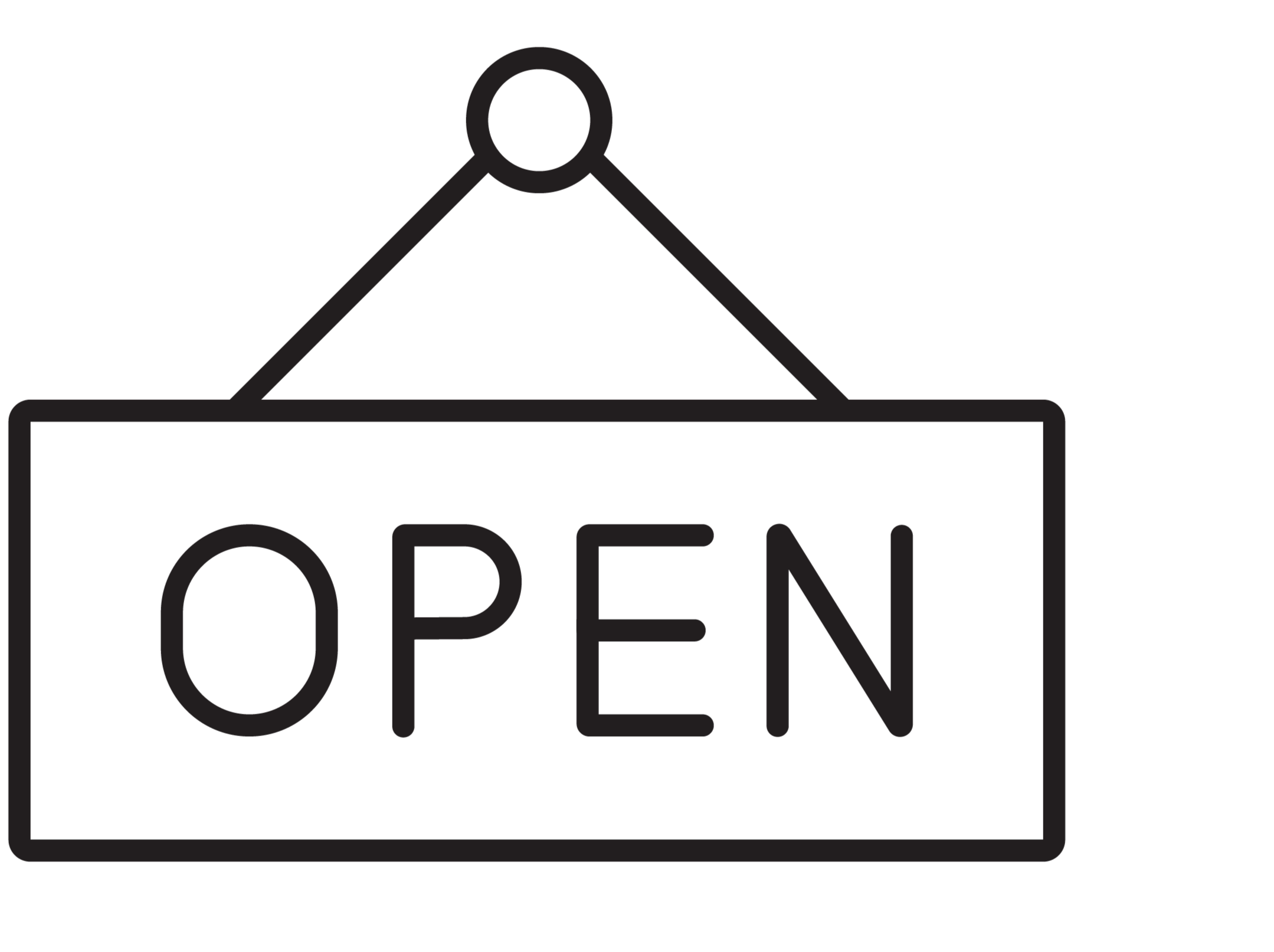 Black square sign with white outline of a hanging 'Open' sign.