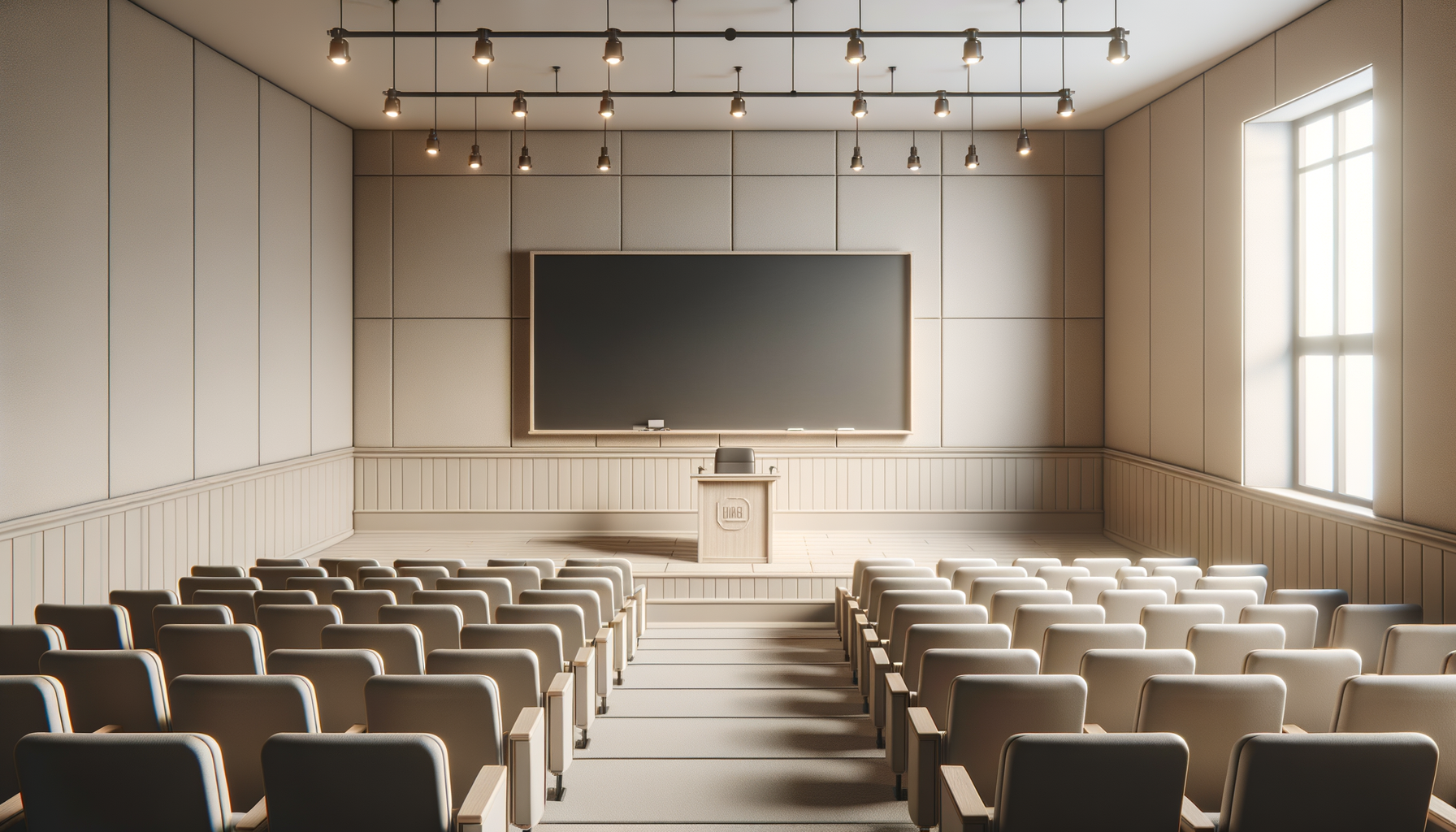 Empty classroom with beige walls, a blackboard, rows of beige chairs, a small stage with a podium, and large windows on the right letting in natural light.