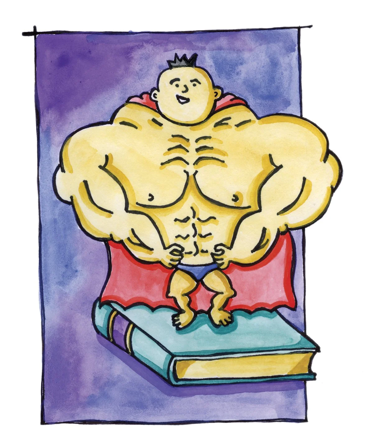 Illustration of a cartoon character with an extremely muscular body, sitting on a book with a purple background.