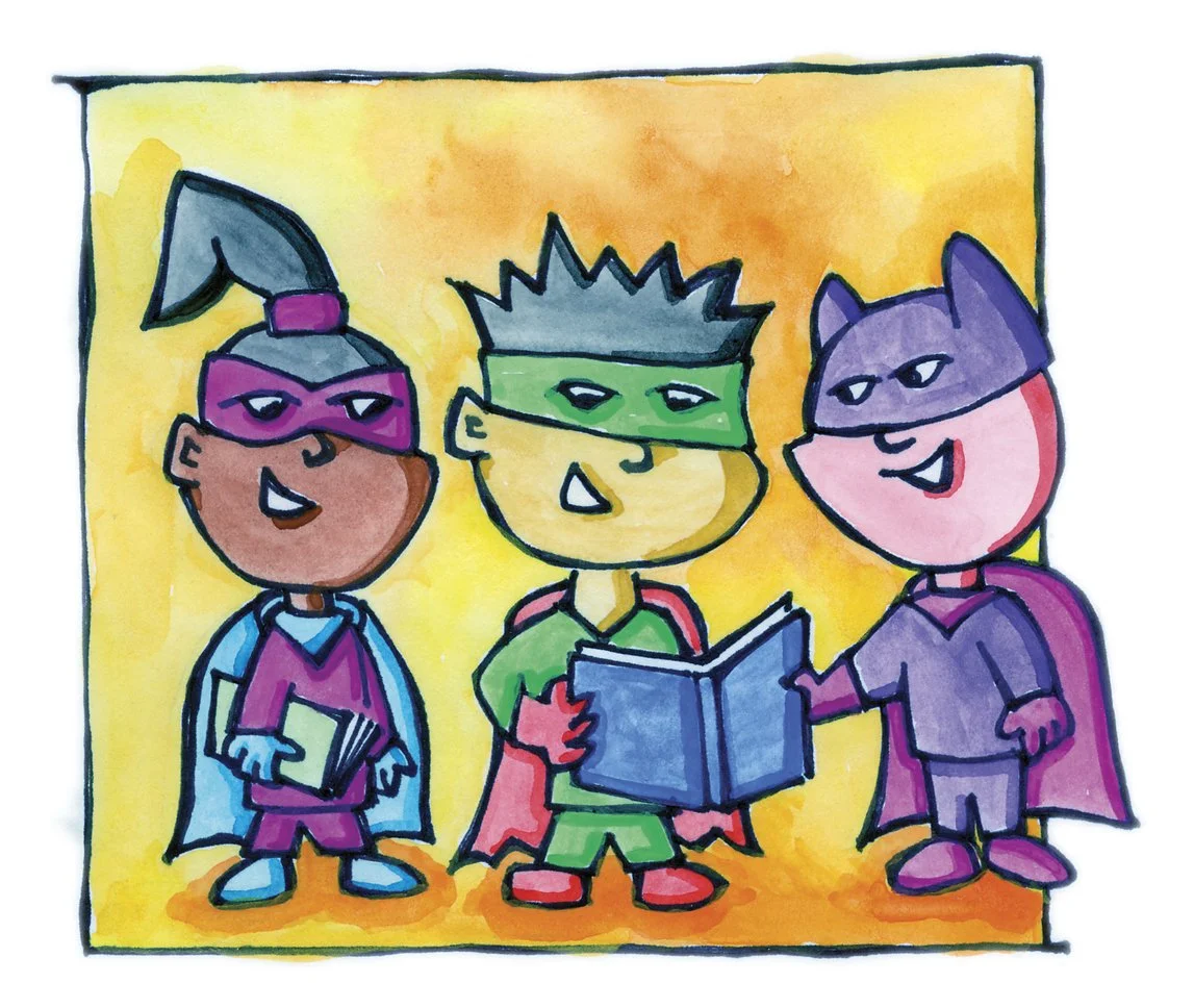 Colorful illustration of three children dressed as superheroes, with masks and capes, standing together and holding a book.
