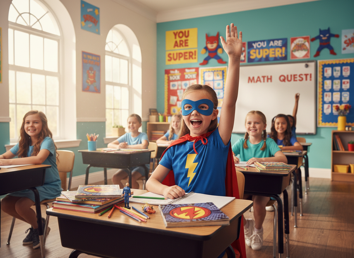 Children in a classroom dressed as superheroes, with one girl raising her hand, wearing a blue mask and a cape, and smiling.