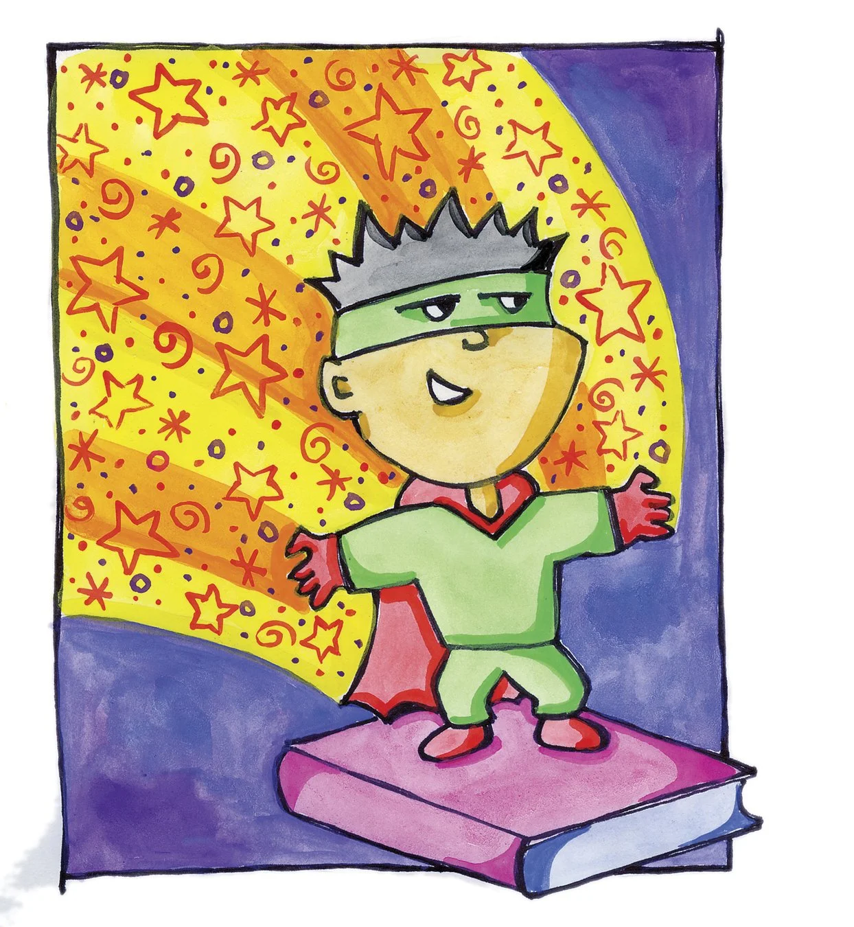 A cartoon boy with spiky gray hair, wearing a green mask, green superhero costume with red gloves, boots, and cape, stands on a pink book with his arms spread wide. He is in front of a vibrant background of yellow and orange stars and swirls, with purple and blue borders.