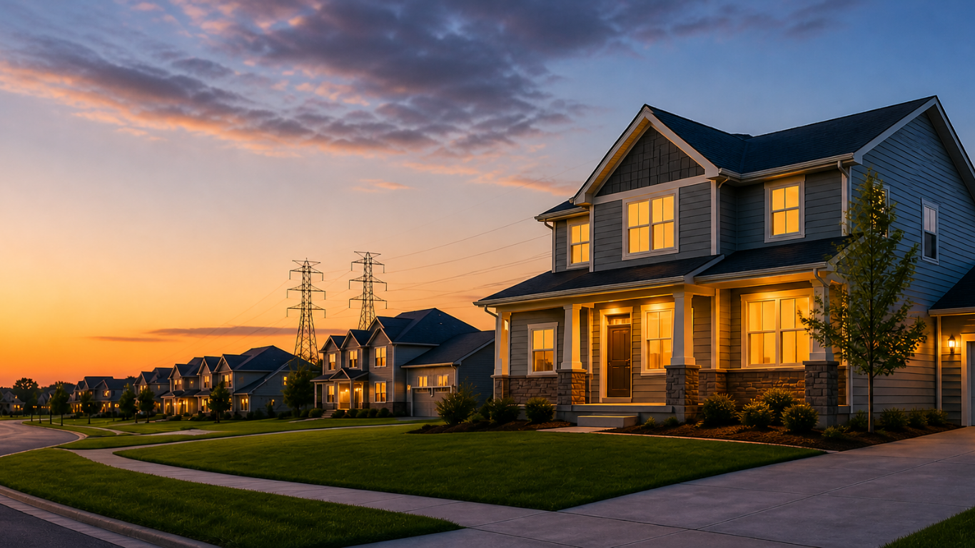 Homes at dusk with outdoor lights on.