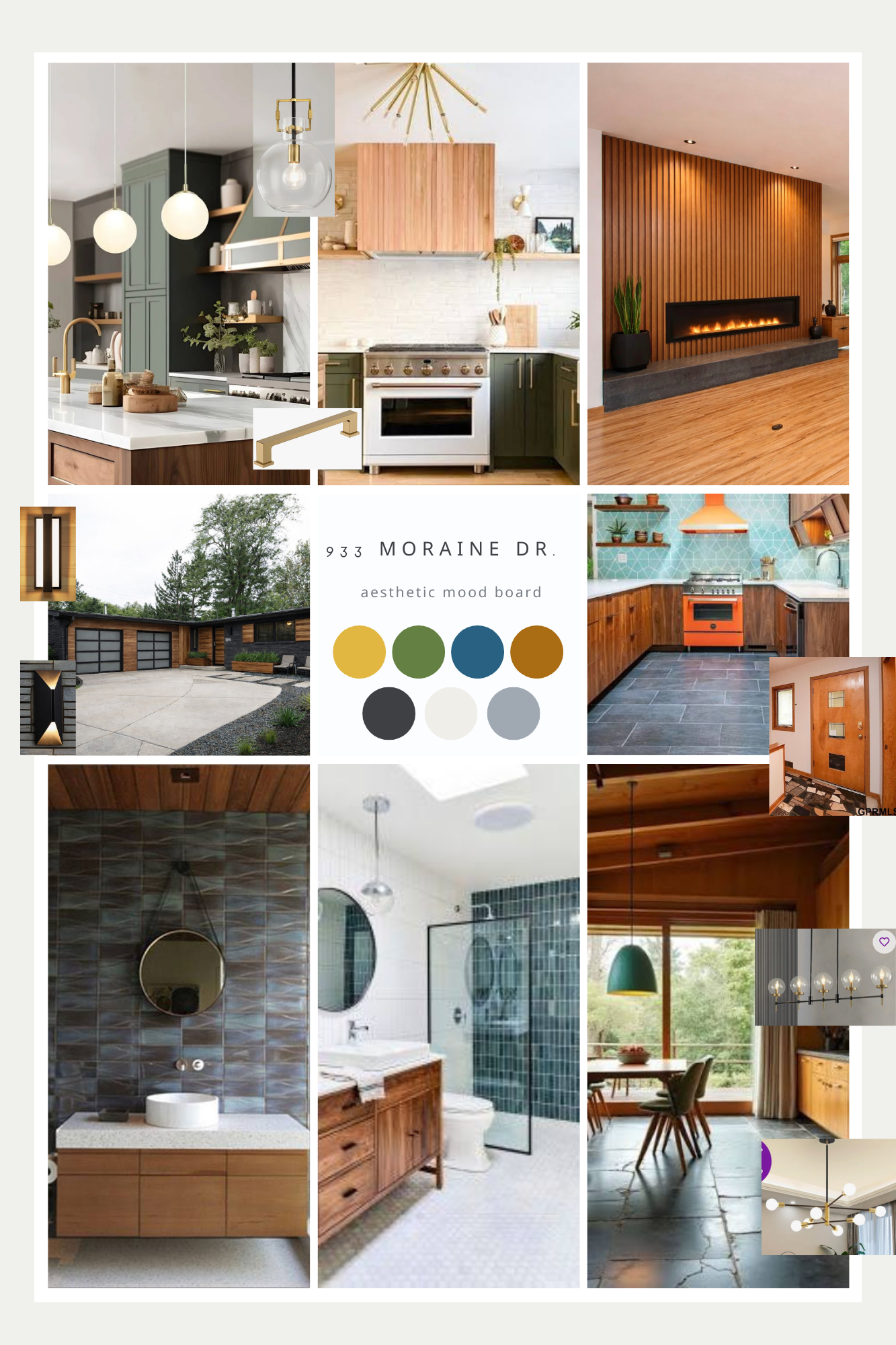 A collage of interior and exterior home design images featuring modern kitchens with wood and tile accents, a living room with a fireplace, a sleek bathroom, an outdoor driveway, and various lighting fixtures. The color palette includes shades of olive green, blue, gold, black, white, and gray.