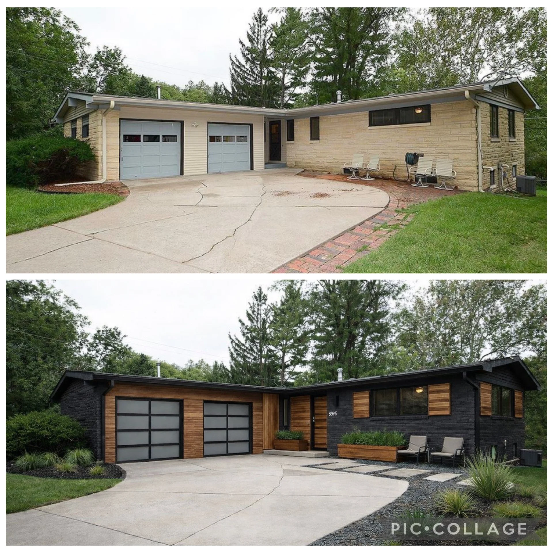 Side-by-side comparison of a house before and after renovation. The house has a single-story structure with two garages. The before image shows the house with a beige siding exterior, while the after image features a black exterior with wooden accents. Both images include a concrete driveway, outdoor seating, and greenery surrounding the house.