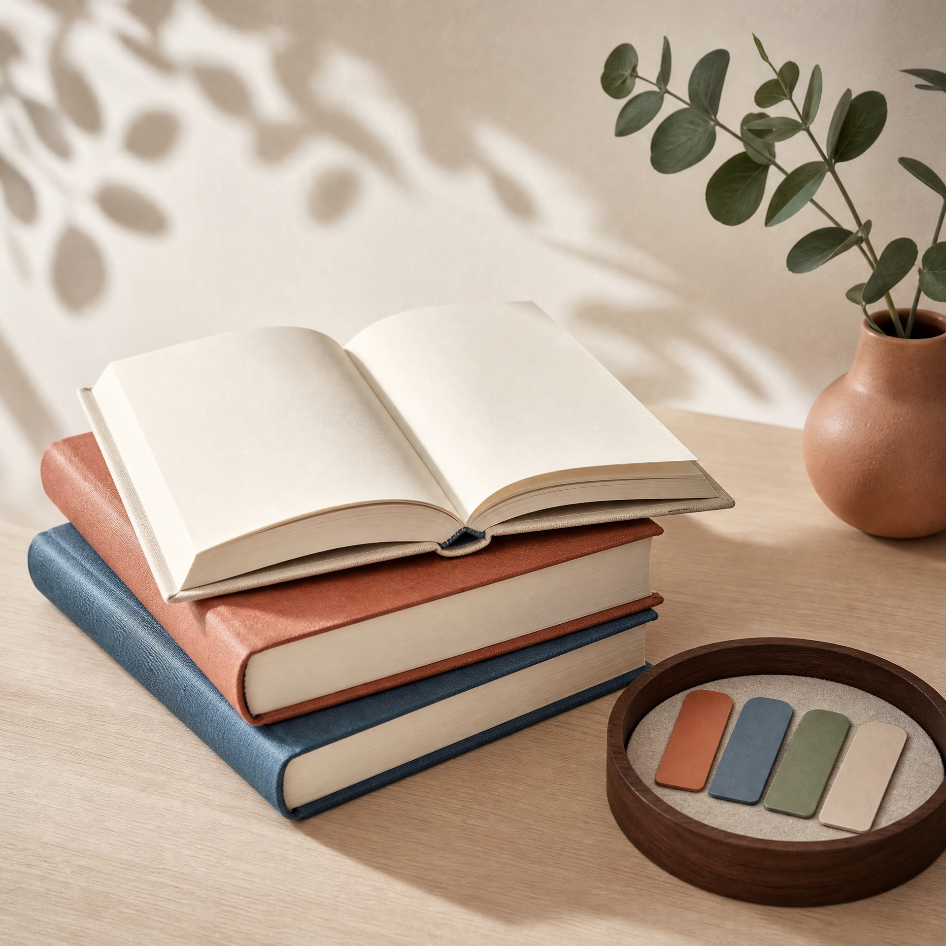 Stack of three hardcover books with blank pages, a potted eucalyptus plant, and a wooden dish with colored chalks on a light wooden surface.