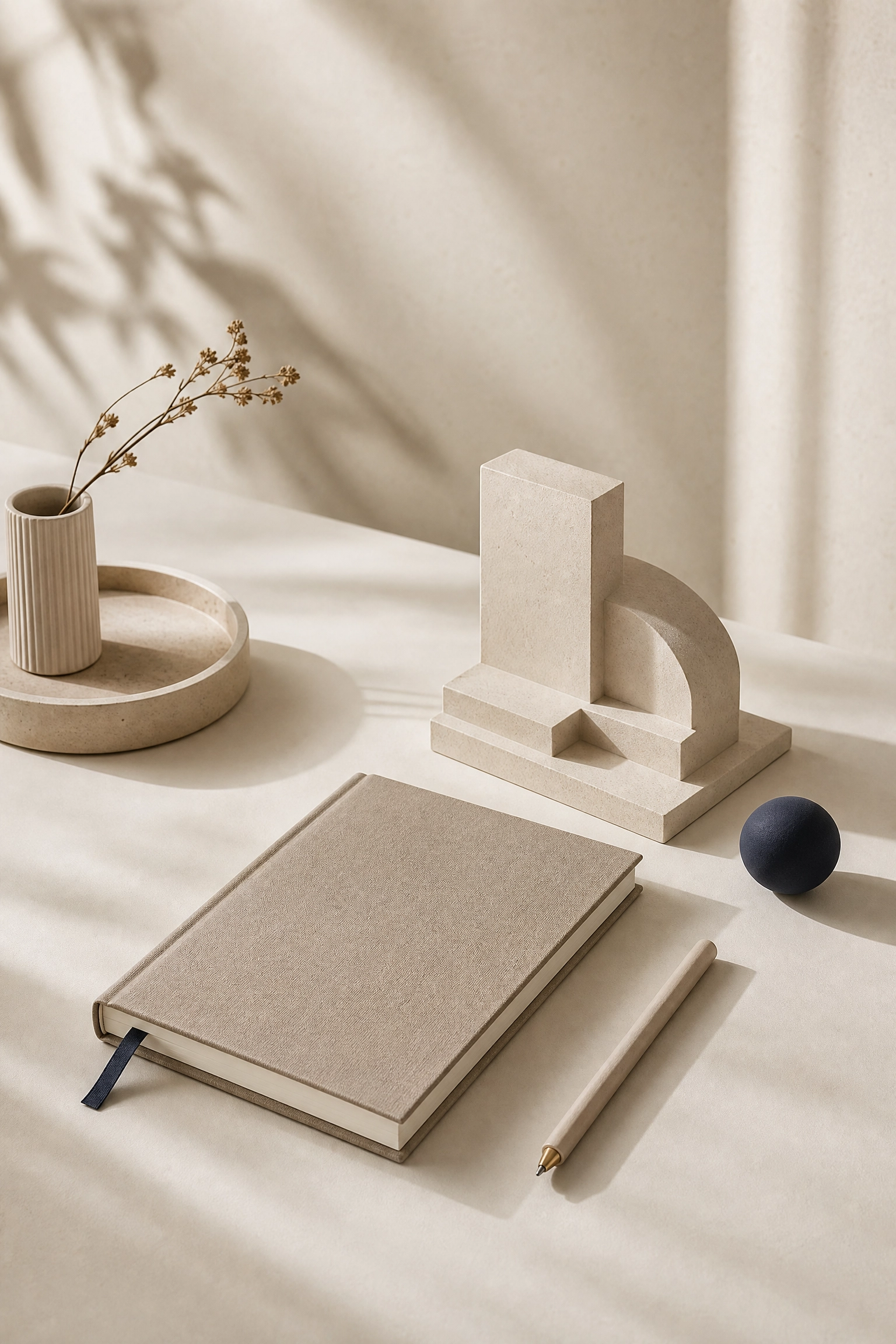 Minimalist beige and cream workspace with a closed notebook, a pen, a geometric paperweight, a small round vase with dried flowers, and abstract decorative objects, on a light-colored surface with soft shadows.