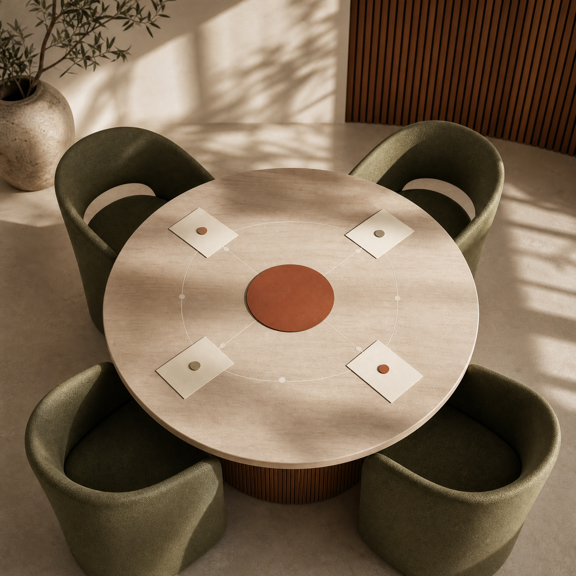 Round wooden table with a tan finish, surrounded by four upholstered chairs with green fabric. On the table, there are four white cards with various colored circular inserts, and a large circular piece with red, gray, and orange sections. In the background, there is a beige wall, a potted plant with dark green leaves, and a wooden slat divider.