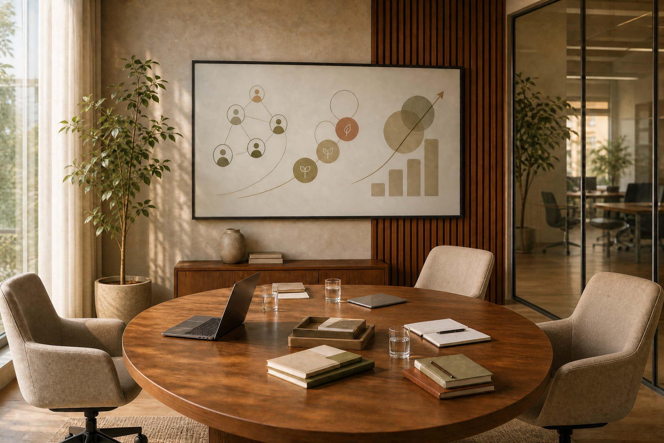 Modern conference room with round wooden table, beige office chairs, laptops, notebooks, and glasses of water. A whiteboard with organizational graphics and plant sit by window and glass walls.