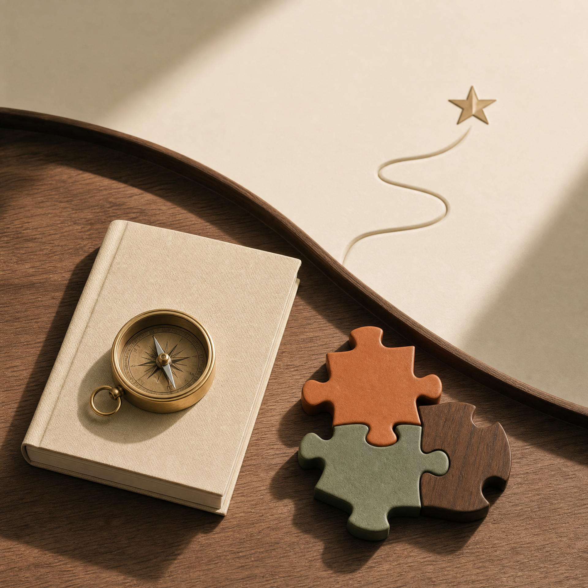 Wooden table with a beige notebook, a gold compass, colorful jigsaw puzzles, and a string and star decoration.