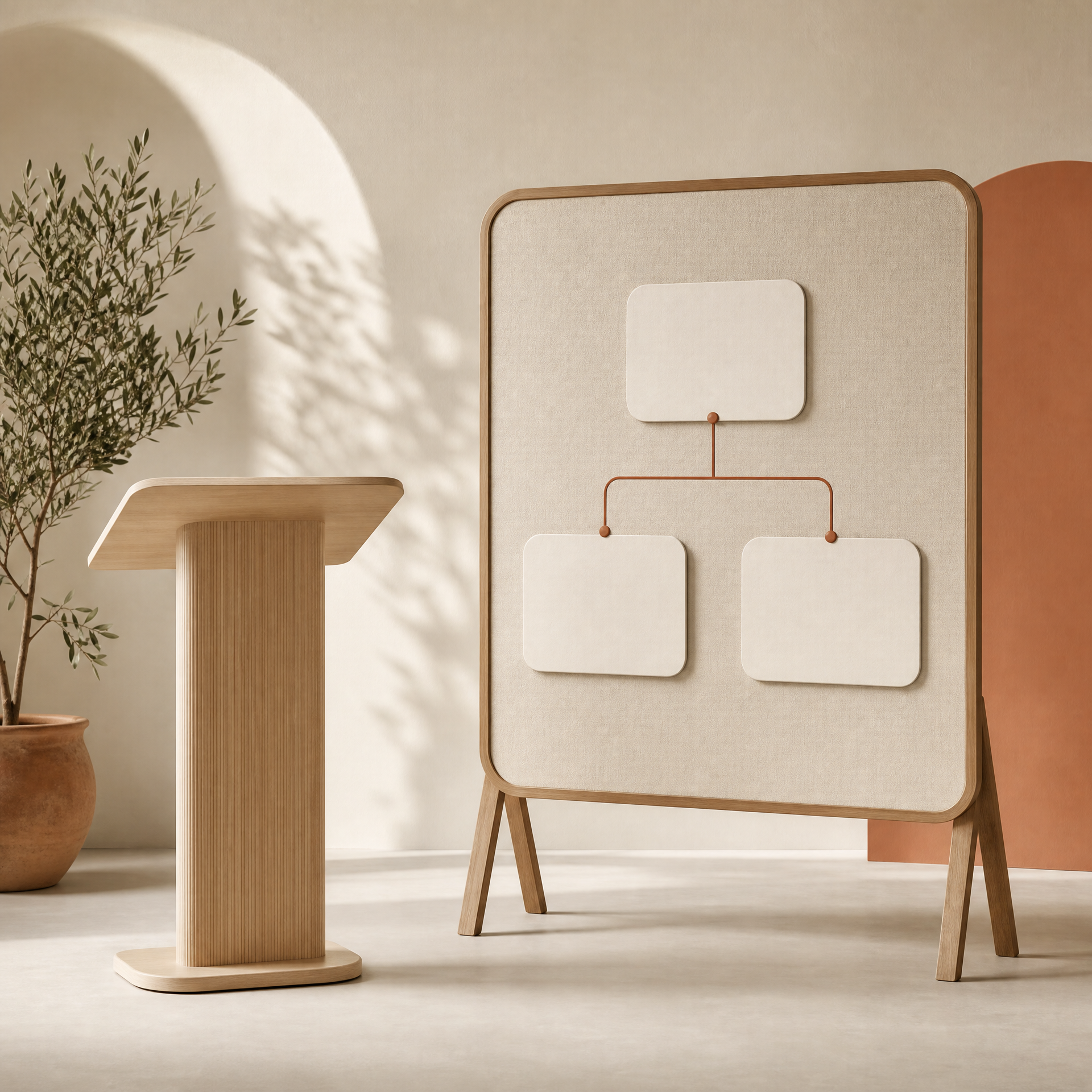Minimalist interior with potted plant, wooden table, standing room divider with hooks, and wooden chair, neutral tones.