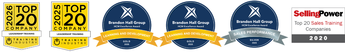 Series of awards and badges for training and sales achievements, including Top 20 Company for 2022 and 2020, Brandon Hall Group excellence awards for learning and development, and a Selling Power award for sales training companies from 2020.