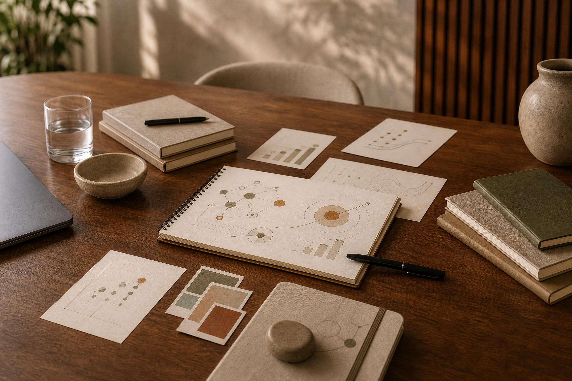 A wooden table with notebooks, printed diagrams, colored pages, a glass of water, and a pen. There is a beige chair and a large ceramic vase in the background, with natural light casting shadows.