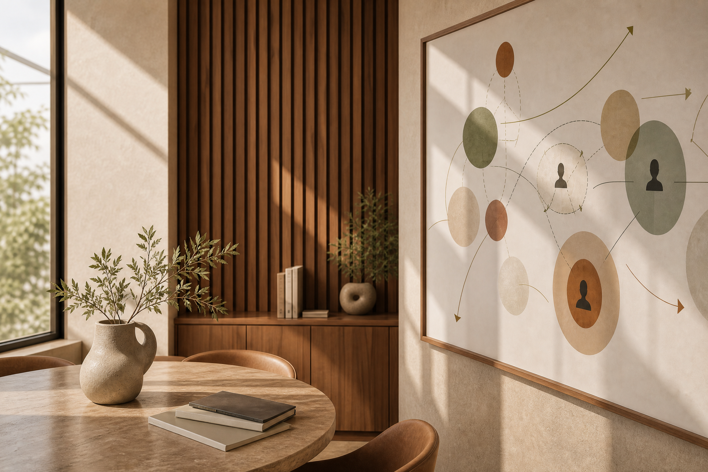 Modern conference room with a round wooden table, a beige vase with green leaves, a stack of books, and a large wall art piece depicting a network of interconnected circles and lines, with sunlight casting shadows inside a room with beige walls and wooden accents.