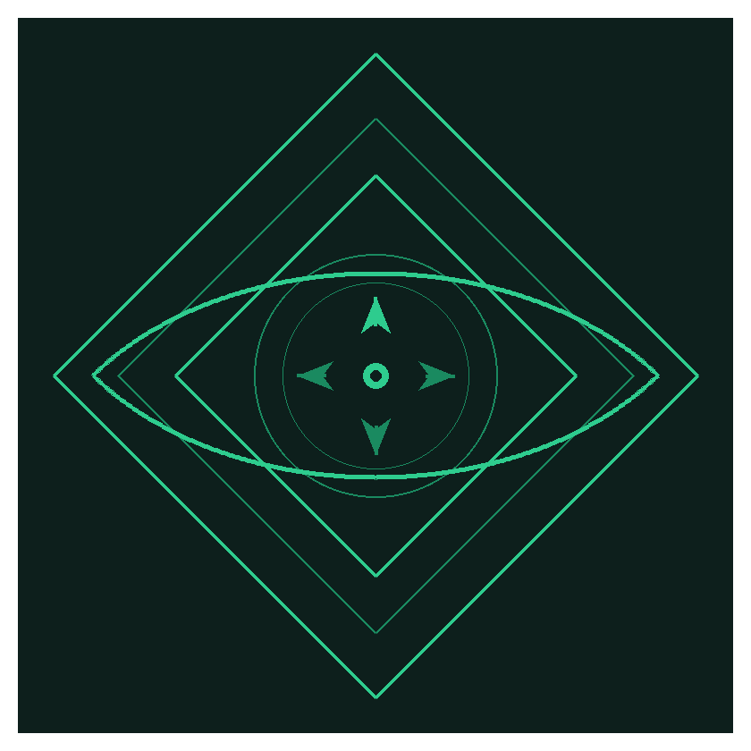 Geometric digital design with concentric circles and diamond shapes, featuring four arrows pointing in different directions and dynamic curved lines, set on a dark background.