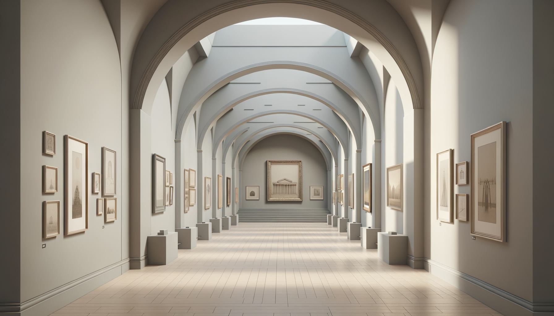 Gallery with framed artwork on the walls, arched windows/ceilings, and wooden flooring, illuminated with natural light.