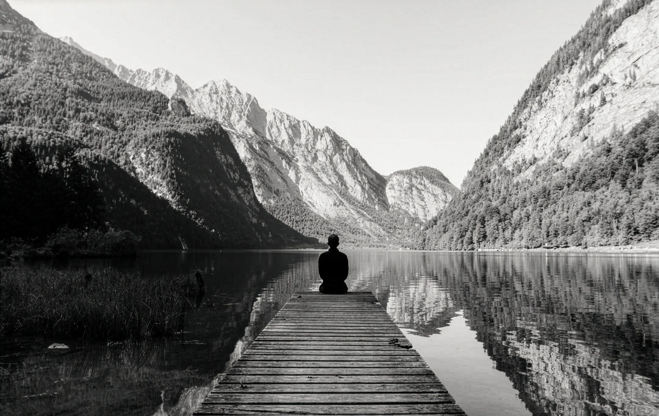 Person sitting on a dock by a calm lake surrounded by tall mountains and forest, with reflections in the water, in black and white.