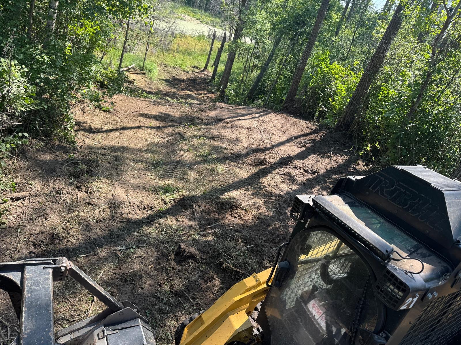 A construction vehicle, possibly a skid steer, on a dirt trail in a wooded area with trees and green foliage on both sides.